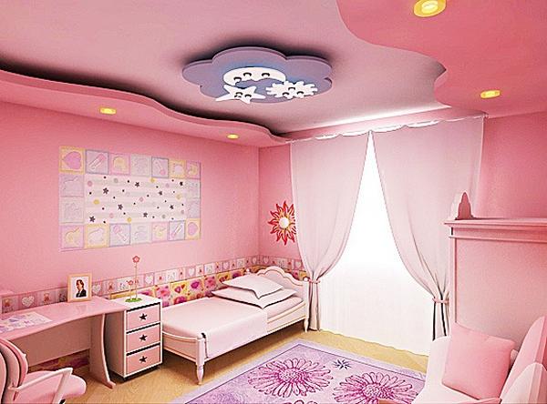 Розовая детская комната с натяжным потолком